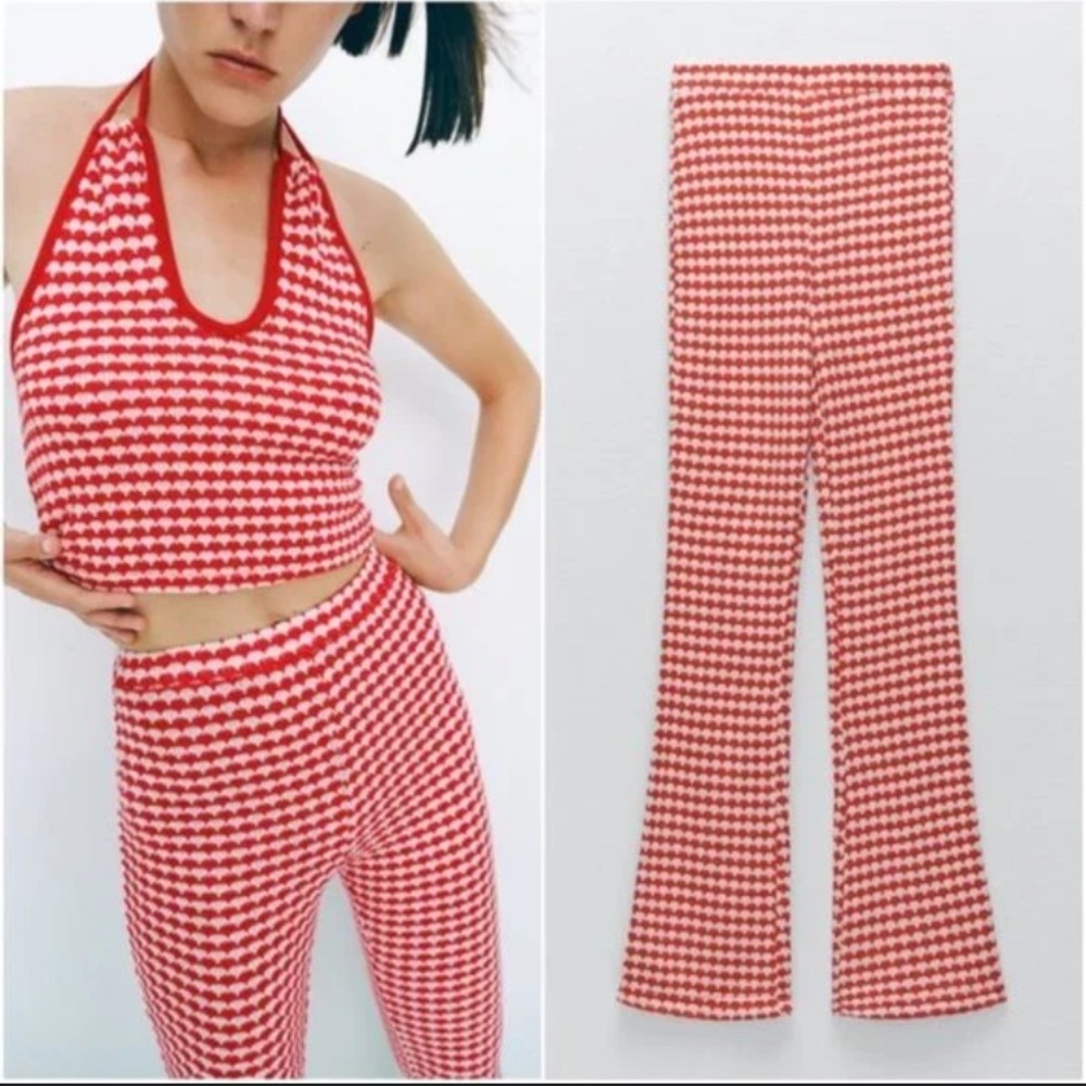 Zara Red and White Flare Knit Pants Size Small